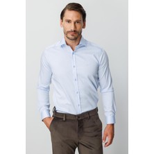 İGS Mavi Slim Fit Dar Kalıp Klasik Yaka Düz Uzun Kollu Cepsiz %100 Pamuk Non Iron Ütü İstemeyen Gömlek