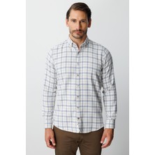 İGS Ekru Dynamic Fit  Düğmeli Yaka  Ekose Uzun Kollu Pamuklu Gömlek