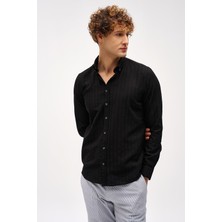 İGS Siyah Dynamic Fit  Düğmeli Yaka Çizgili Uzun Kollu Cepsiz %100 Pamuk Gömlek