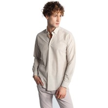 İGS Bej Dynamic Fit  Düğmeli Yaka Çizgili Uzun Kollu Cepsiz %100 Pamuk Gömlek