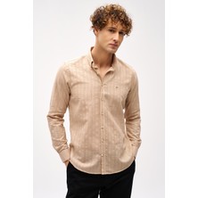 İGS Bej Dynamic Fit  Düğmeli Yaka Çizgili Uzun Kollu Cepsiz %100 Pamuk Gömlek