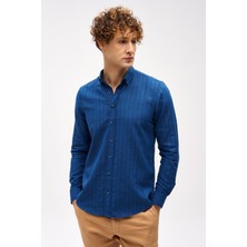 İGS Lacivert Dynamic Fit  Düğmeli Yaka Çizgili Uzun Kollu Cepsiz %100 Pamuk Gömlek