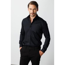 İGS Siyah Slim Fit Dar Kalıp Klasik Yaka Düz Uzun Kollu Cepsiz %100 Pamuk Non Iron Ütü İstemeyen Gömlek