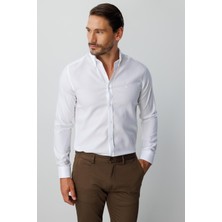 İGS Beyaz Slim Fit Dar Kalıp Klasik Yaka Düz Uzun Kollu Cepsiz %100 Pamuk Gömlek