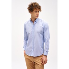 İGS Mavi Dynamic Fit  Düğmeli Yaka Düz Uzun Kollu Cepsiz Pamuklu Gömlek