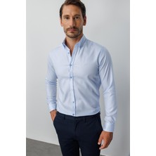 İGS Mavi Slim Fit Dar Kalıp Klasik Yaka Düz Uzun Kollu Cepsiz %100 Pamuk Non Iron Ütü İstemeyen Gömlek