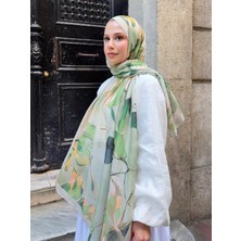 Mira İpek Gül Desen Pamuk Şal Yeşil PS71