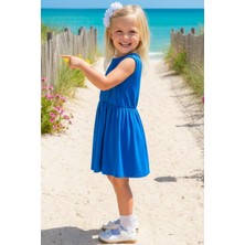 0002 - Kız Çocuk Saks Mavi Elbise Beyaz Toka Takım