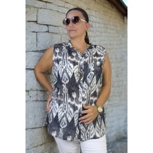 Yagmur Beren  Organik Italyan Ince Keten Hakim Yaka Japone Kol(Kolsuz) Desenli Büyük Beden Gömlek