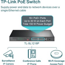 TP-LINK TL-SL1218P, 16 Port, Megabit, PoE 150W, 2 Port Gigabit Lan, 1 Port Gigabit Combo SFP, Yönetilemez, Rackmount, Switch