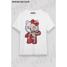 Unisex Oversize Kalıp Hello Kity Half Skeleton Tasarım Baskılı Tshirt