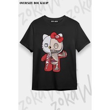 Unisex Oversize Kalıp Hello Kity Half Skeleton Tasarım Baskılı Tshirt