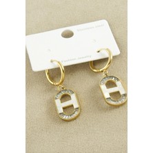 Bijuteri Net Oval Zirkon Taşlı Lüks Çelik Küpe