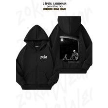 Unisex Skeleton And Dog, Iskelet ve Köpek Baskılı Oversize Sırt Baskılı Fermuarlı Kapşonlu Hırka