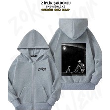 Unisex Skeleton And Dog, Iskelet ve Köpek Baskılı Oversize Sırt Baskılı Fermuarlı Kapşonlu Hırka