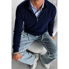 Tarz Cool Erkek Lacivert Regular Fit Yarım Pat Fermuarlı Yaka Triko Kazak