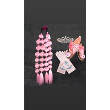 3b Kids Prenses Baribiii Bubble Saç Peruk Toka Pembe Eldiven Taç Pembe Tasarım Babet Ayakkabı Seti Doğumgünü