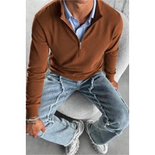 Cool Tarz Erkek Kahverengi Regular Fit Yarım Pat Fermuarlı Yaka Triko Kazak