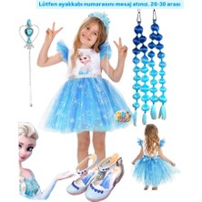 3b Kids Elsa Kabarık Kısa Elbise Kostüm Takımı Elsa Mavi Bubble Saç Elsa Taç Asa Elsa Topuklu Ayakkabı Seti