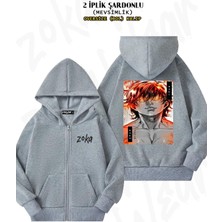 Oversize Fire Hanma Baki Sırt Baskılı Fermuarlı Kapşonlu Gri Hırka (2 Iplik)