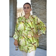 Yagmur Beren  Organik Italyan Ince Keten Hakim Yaka Katlanabilir Kol Desenli Ekstra Büyük Beden Gömlek