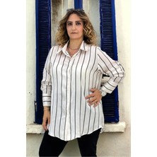 YAĞMURBEREN Yagmur Beren  Geniş Manşet Kol Dikine Lacivert Çizgili Büyük Beden Saten Gömlek