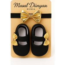 Masal Dünyası Bursa Siyah Gold Kurdeleli Bez Patik Ayakkabı ve Saç Bandı Seti 0-3 Ay