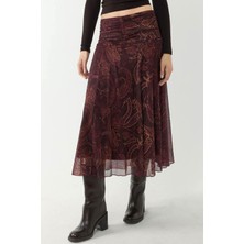 Hiccup Kadın Büzgü Detaylı Desenli Midi Etek Mocha Kahvesi