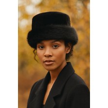 Külah Yuvarlak Suni Kürk Şapka - Siyah Kışlık Boho Bucket Hat