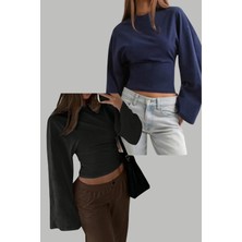 Tarz Cool Siyah - Lacivert 2li Paket Kadın Uzun Kollu Belden Oturtmalı Bluz