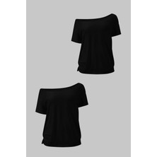 Tarz Cool Siyah 2li Paket Kadın Düşük Omuz Kayık Yaka Oversize T-Shirt