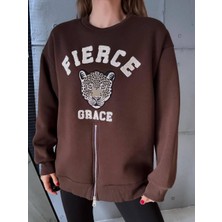 Cemo Fermuarlı Leopar Baskılı Oversize Siyah Sweat