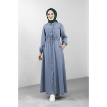 Harma Time Butik Kadın Cep Detaylı Belden Lastikli Denim Kot Mavi Elbise
