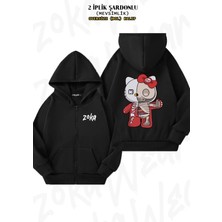 Unisex Hello Kity Half Skeleton Baskılı Oversize Sırt Baskılı Fermuarlı Kapşonlu Hırka