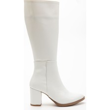 İnfon Ayakkabı Marketi YSN-4422 Beyaz Cilt Topuklu Kadın Çizme