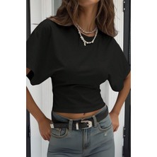 Tarz Cool Kadın Siyah Yarasa Kol Belden Oturtmalı Pamuklu T-Shirt