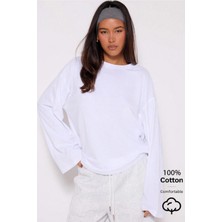 Tarz Cool Kadın %100 Pamuk Bisiklet Yaka Oversize Fit Uzun Kollu Beyaz T-Shirt