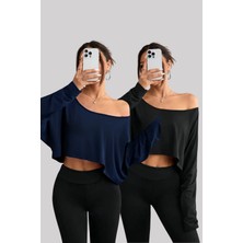 Tarz Cool Siyah - Lacivert 2 Li Kadın Düşük Omuz Kayık Yaka Oversize Uzun Kollu Crop T-Shirt