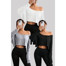 Tarz Cool Siyah - Beyaz - Gri 3lü Kadın Düşük Omuz Kayık Yaka Oversize Uzun Kollu Crop T-Shirt