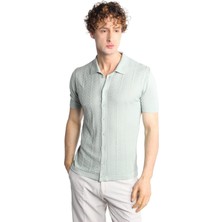 İGS Erkek Açık Yeşil Slim Fit Dar Kalıp Düğmeli Polo Yaka Desenli Kısa Kollu Triko Tişört