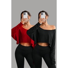 Tarz Cool Kırmızı - Siyah 2li Kadın Düşük Omuz Kayık Yaka Oversize Uzun Kollu Crop T-Shirt