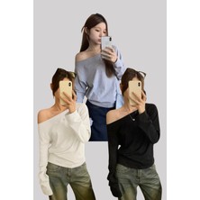 Tarz Cool Siyah Beyaz Gri 3 Lü Paket Kadın Düşük Omuz Kayık Yaka Oversize Uzun Kollu T-Shirt