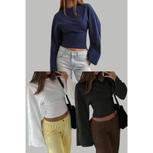 Tarz Cool Siyah - Beyaz - Lacivert 3lü Paket Kadın Uzun Kollu Belden Oturtmalı Bluz