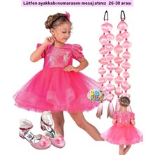 3b Kids Pembe Bariiibi Payetli Prenses Elbise + Pembe 2 Adet Bubble Saç + Pembe Topuklu Ayakkabı Seti