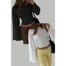 Tarz Cool Siyah - Beyaz 2li Paket Kadın Uzun Kollu Belden Oturtmalı Bluz