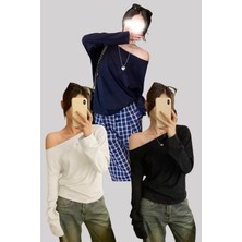 Tarz Cool Siyah Beyaz Lacivert 3 Lü Paket Kadın Düşük Omuz Kayık Yaka Oversize Uzun Kollu T-Shirt