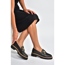 Fox Shoes V944082303 Siyah Hakiki Deri Kalın Taban Tokalı Makosen Günlük Ayakkabı
