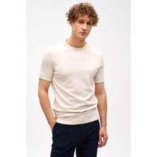 İGS Krem Standart Fit Dar Kalıp Bisiklet Yaka Düz Kısa Kollu Triko Tişört