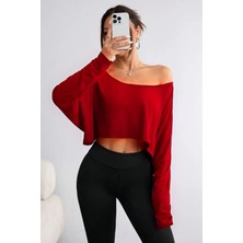 Tarz Cool Kırmızı Kadın Düşük Omuz Kayık Yaka Oversize Uzun Kollu Crop T-Shirt