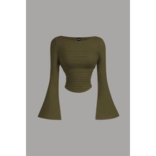 Tarz Cool Kadın Likralı Drapeli Uzun Ispanyol Kollu Crop Bluz